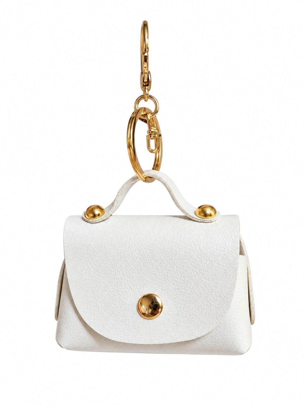 Cream Mini Faux Leather Keychain Bag with Gold Hardware